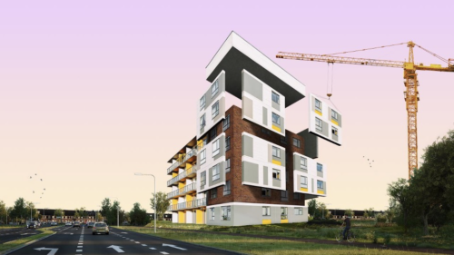 Modern building construction with crane at sunset sky background